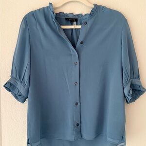 1. State Blue Ruffled Mandarin Collar Blouse